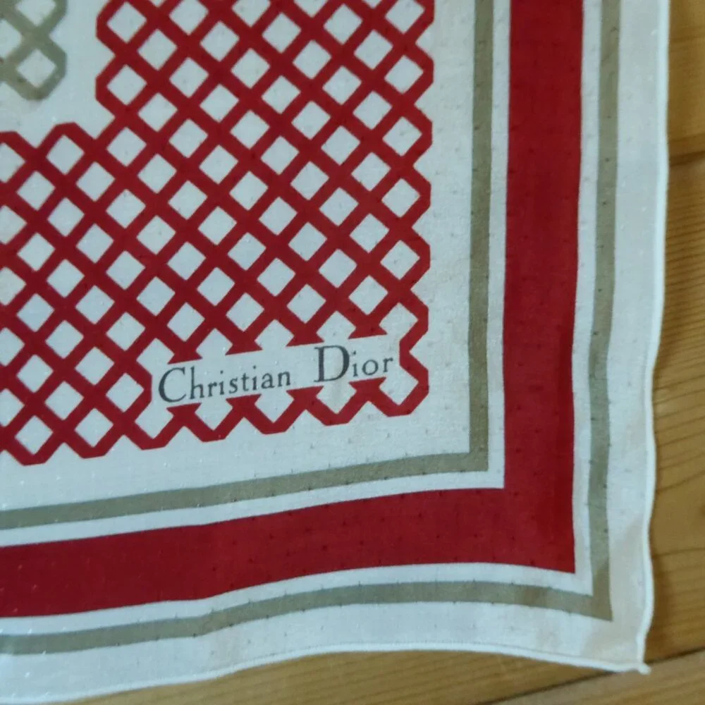 Christian Dior Red Beige Checked Square Silky Silk Scarf Wrap
